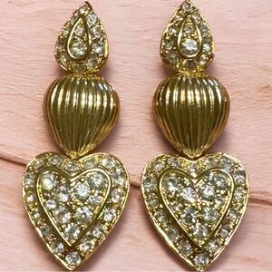 Vintage Signed Nolan Miller Gold Toned & Crystals Dangle Heart Earrings